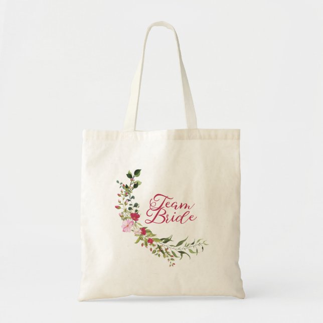 Red & Pink Floral Team Bride Quote with Leaves Tragetasche (Vorne)