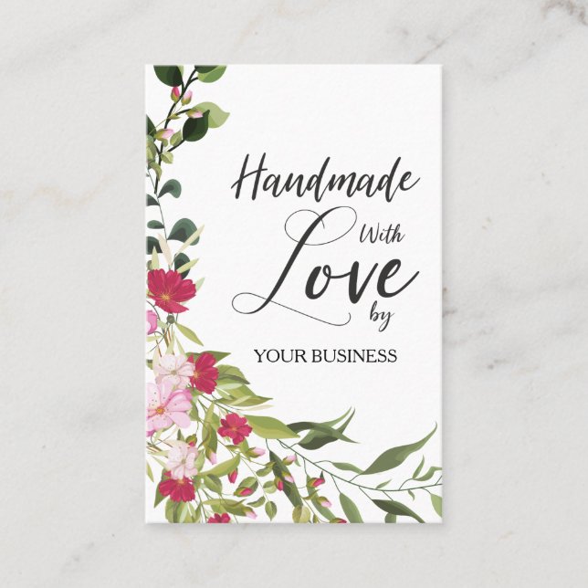 Red & Pink Floral Wreath Handmade with Love Quote Visitenkarte (Vorderseite)
