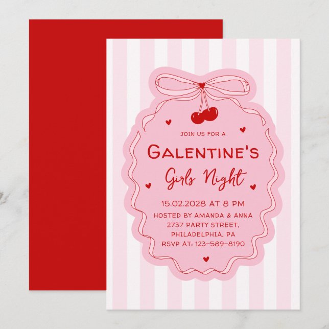 Red Pink Girly Coquette Bow Galentines Girls Night Einladung (Vorne/Hinten)
