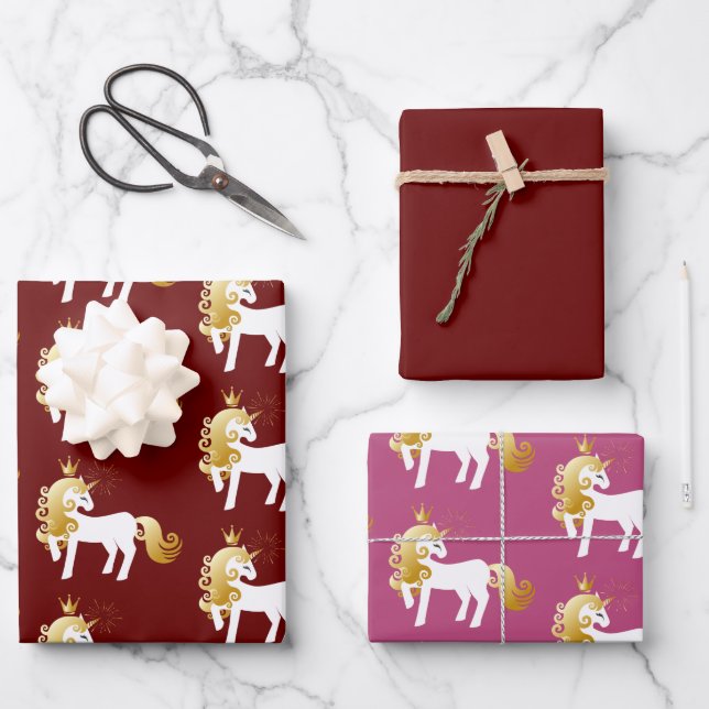Red Pink Gold White Unicorn Geschenkpapier Set (Vorderseite)