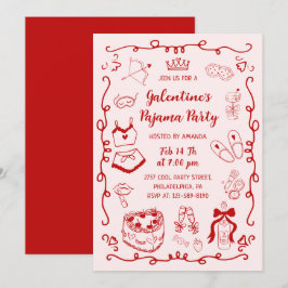 Red Pink Hand Drawn Galentine's Day Pajama Party Einladung