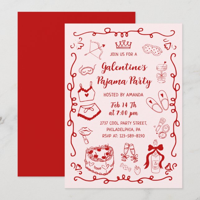 Red Pink Hand Drawn Galentine's Day Pajama Party Einladung (Vorne/Hinten)