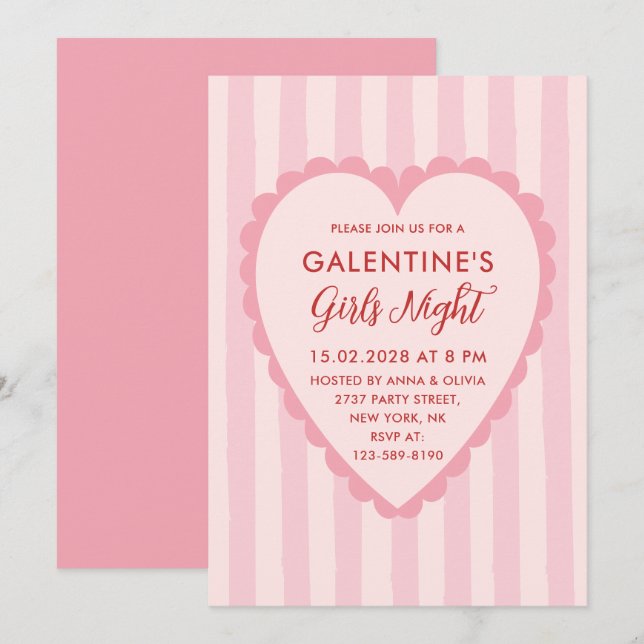 Red Pink Hand Drawn Galentine's Girls Night  Party Einladung (Vorne/Hinten)