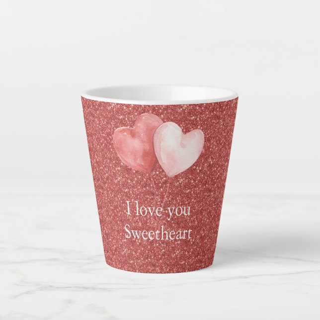 Red Pink Heart Balloons Glitter Sweetheart Milchtasse (Vorderseite)