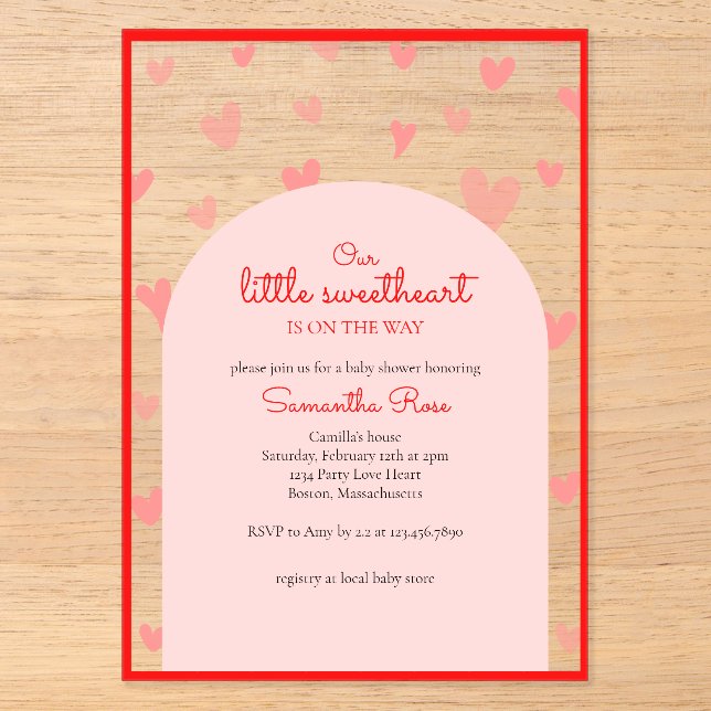 Red Pink Hearts Little Sweetheart Girl Baby Dusche Acryleinladungen (Vorderseite)