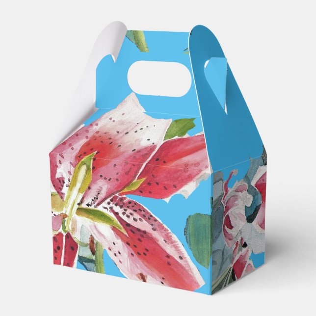 Red Pink Lily Floral Blue Hochzeitstorte Box Geschenkschachtel (Vorderseite)