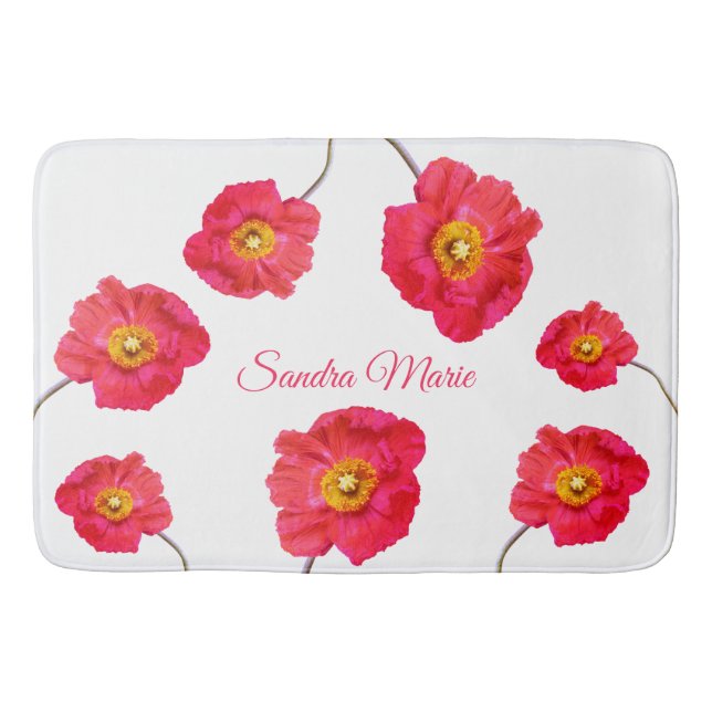 Red Pink Modern Poppies Poppy Blume Weiß Badematte (Vorderseite)
