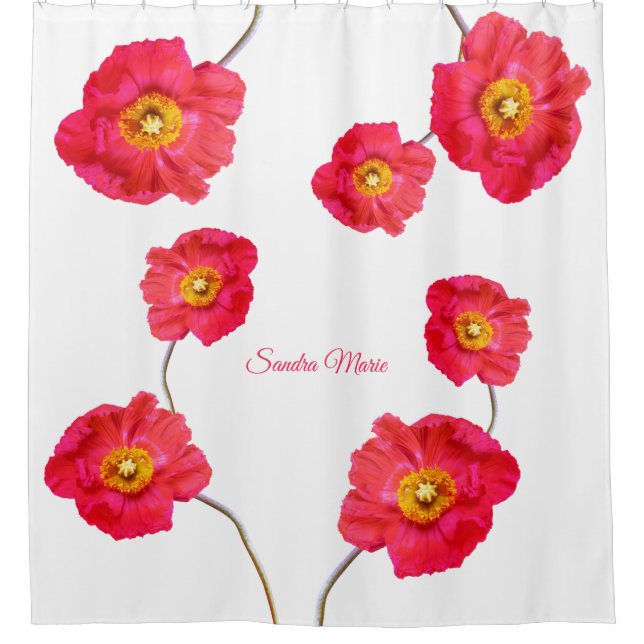 Red Pink Modern Poppies Poppy Blume Weiß Duschvorhang (Vorderseite)