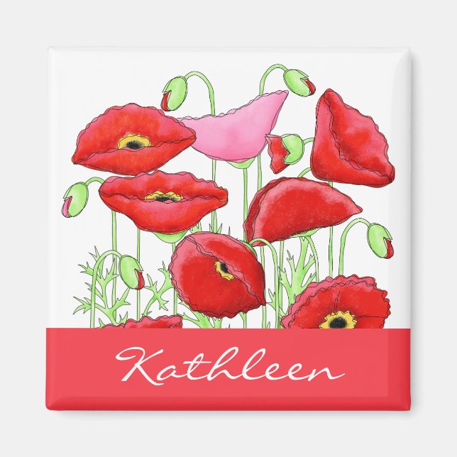Red Pink Poppies Art Custom Name Personalized Magnet (Vorne)