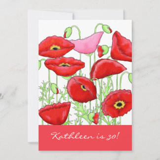 Red Pink Poppy Blume 30. Geburtstag Party Einladun Einladung