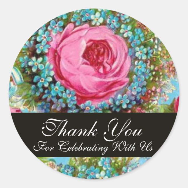 RED PINK ROSES UND BLAUE BLUMEN Vielen Dank Runder Aufkleber (Vorderseite)