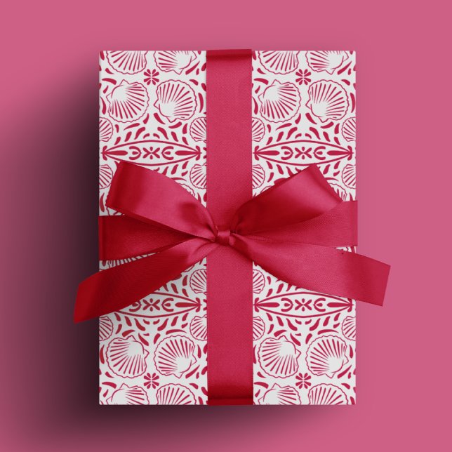 Red Pink Sheashells Coral Modern Bold Luxus Geschenkpapier (Red Pink Sheashells Coral Modern Bold Luxury Wrapping Paper)