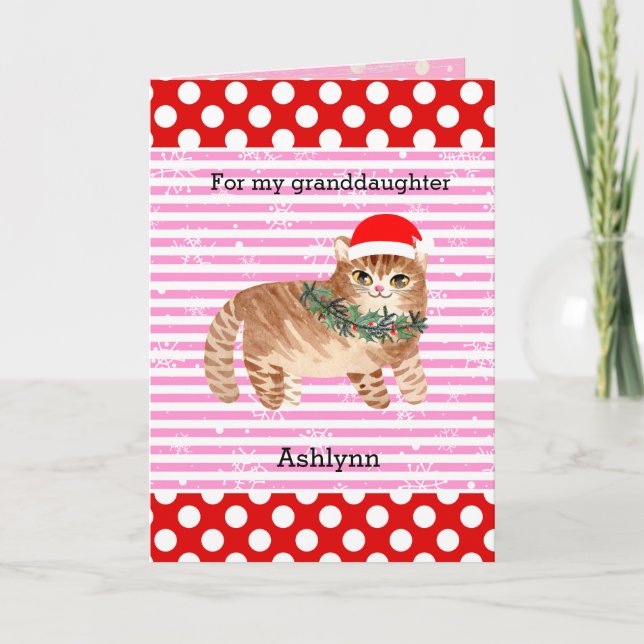 Red Pink Snowflakes Kitty Cat Weihnachten Karte (Vorderseite)