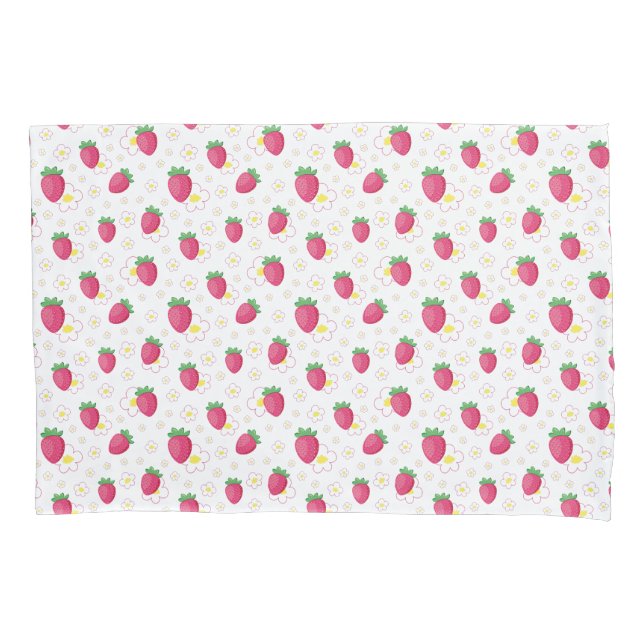 Red Pink Strawberry Pattern Cute Flowers Kissenbezug (Vorderseite)