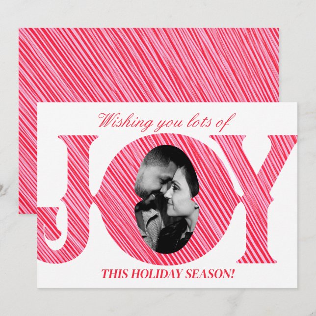 Red & Pink Stripe Holiday JOY Photo Christmas Card Einladung (Vorne/Hinten)
