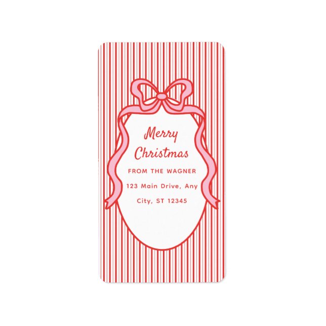 Red Pink Stripes & Bow Frame Christmas  Adressaufkleber (Vorne)