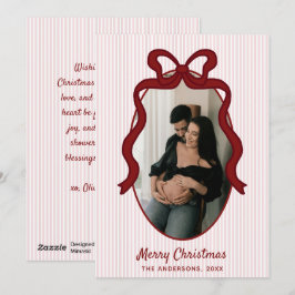 Red Pink Stripes & Bow Frame Christmas Photo Feiertagskarte