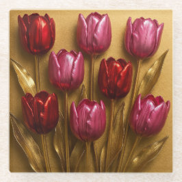Red Pink Tulips Gold Glass Coaster Glasuntersetzer