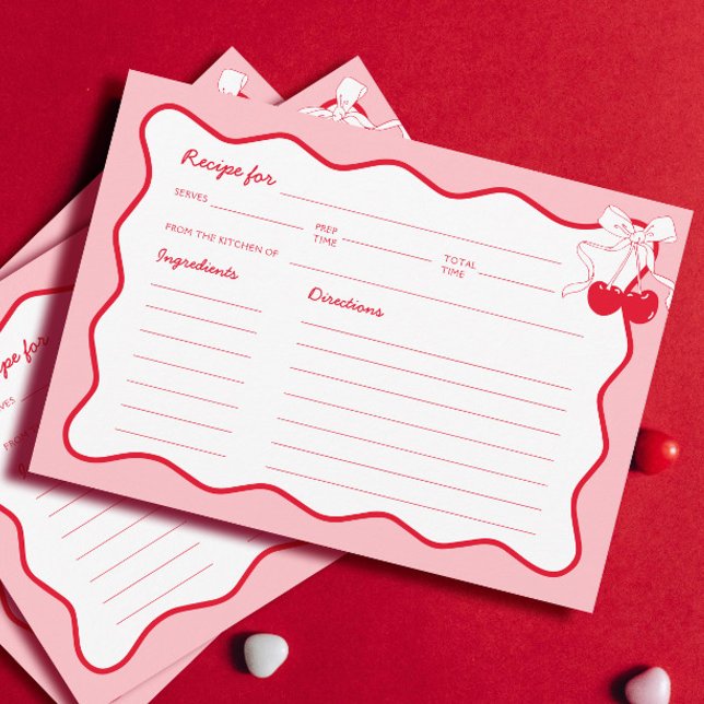 Red Pink Wavy Bow Cherry Brautparty Rezept Karte (Von Creator hochgeladen)