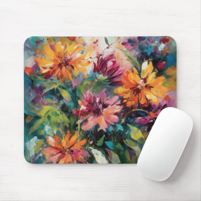 RED PINK YELLOW GREEN ABSTRACT WATERCOLOR FLOWERS MOUSEPAD (Mit Mouse)