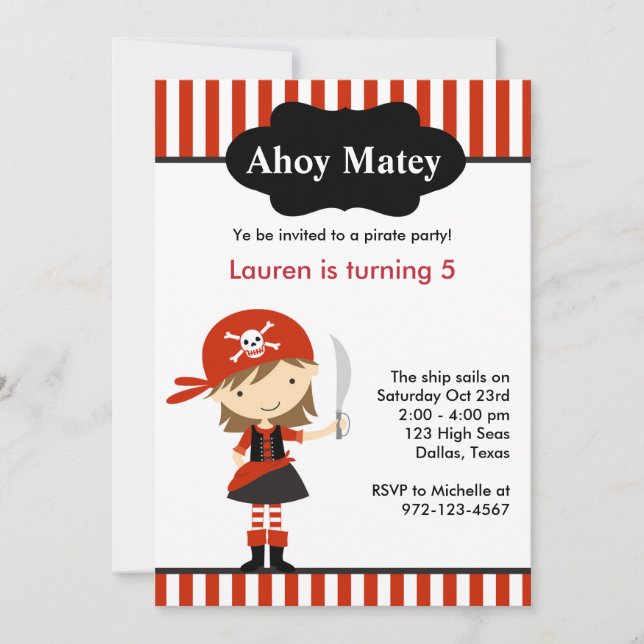 Red Pirate Girl Invitations Anniversaire (Devant)
