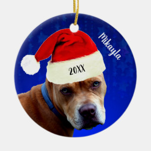 Red Pit Bull mit Weihnachten der Weihnachtsmannmüt Keramik Ornament
