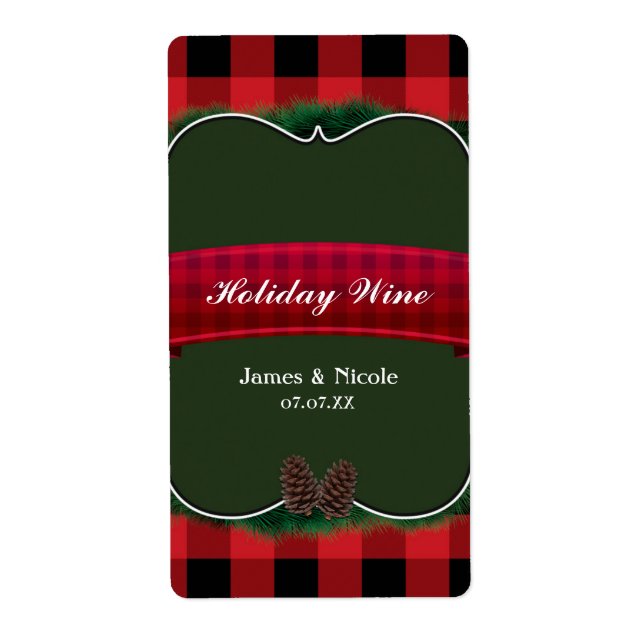 Red Pläd Pinecones Rustic Country Wine Label (Vorne)
