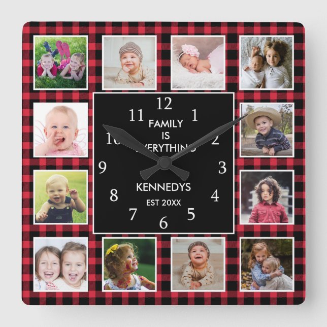 Red Plaid 12 Photo Collage Family Quote Christmas Quadratische Wanduhr (Vorderseite)