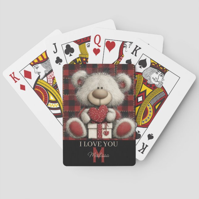 Red Plaid Bear I Love You Custom Name Monogram Spielkarten (Rückseite)