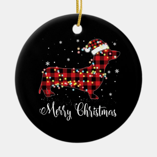 Red Plaid Buffalo Dachshund Merry Christmas Pajama Keramik Ornament (Vorne)