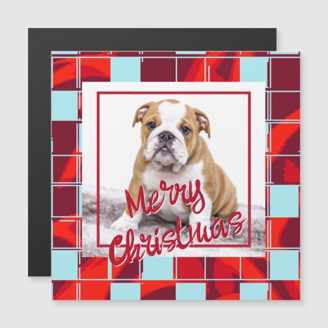 Red Plaid Bulldog Photo Joyeux Magnet de Noël (Devant / Derrière)