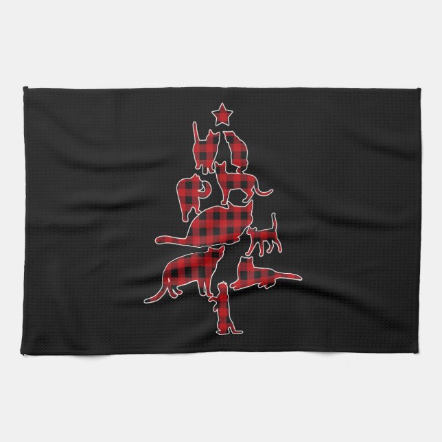 Red Plaid Cat Christmas Tree Pajamas Family Cat Xm Geschirrtuch (Horizontal)