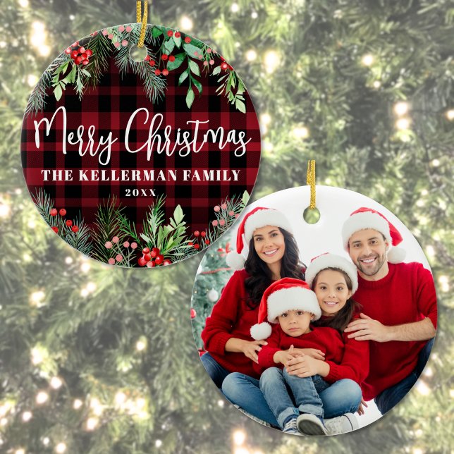 Red Plaid Christmas Photo Keramik Ornament (Greenery Red Plaid Merry Christmas Photo Ceramic Ornament)