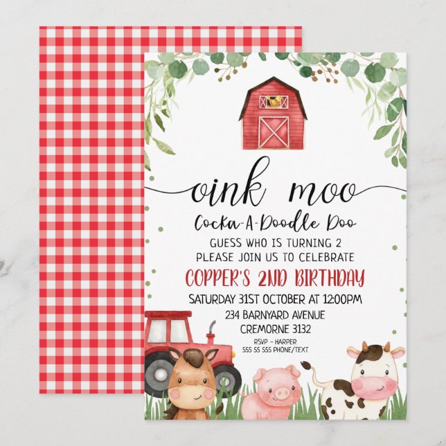 Red Plaid Folithe Farm Animal Invitation Anniversa (Devant / Derrière)