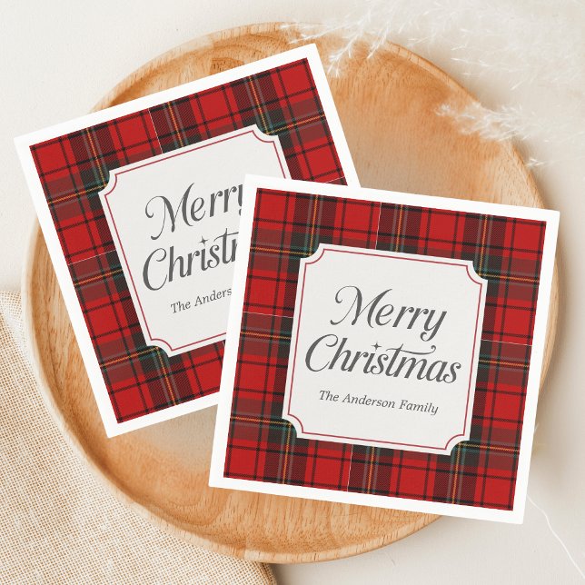 Red Plaid Merry Christmas Serviette (Red Plaid Modern Merry Christmas Holiday Napkin)