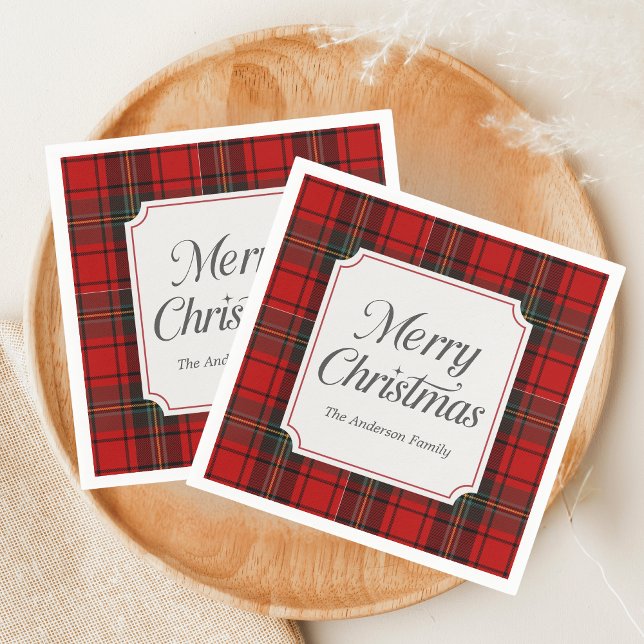 Red Plaid Merry Christmas Serviette (Red Plaid Modern Merry Christmas Holiday Napkin)
