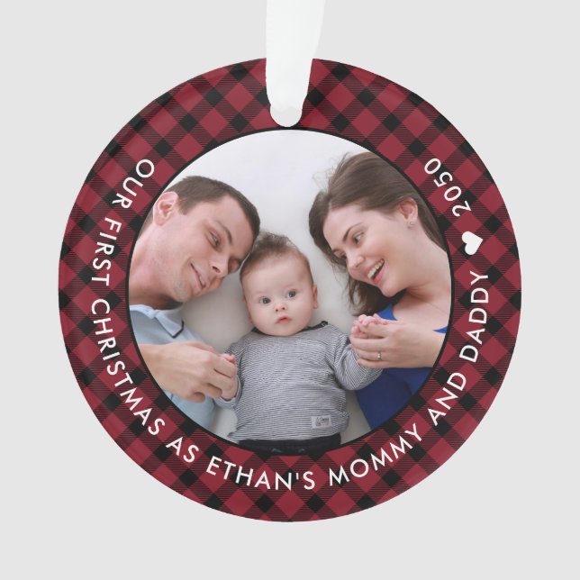 Red Plaid Our First Christmas as Mom and Dad Photo (devant)