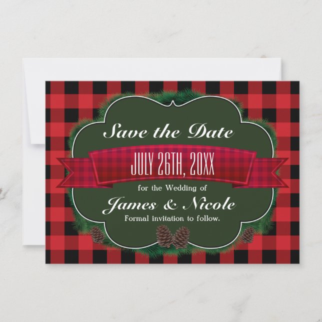 Red Plaid & Pinecones Rustic Country Invitation (Devant)