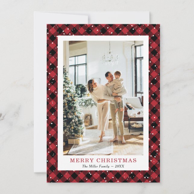 Red Plaid Snowy Photo Joyeuse carte de Noël (Devant)