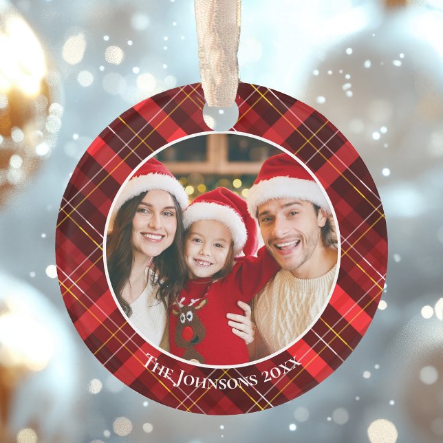 Red Plaid Tartan Family Photo 2 Sided Christmas Ornament (Von Creator hochgeladen)