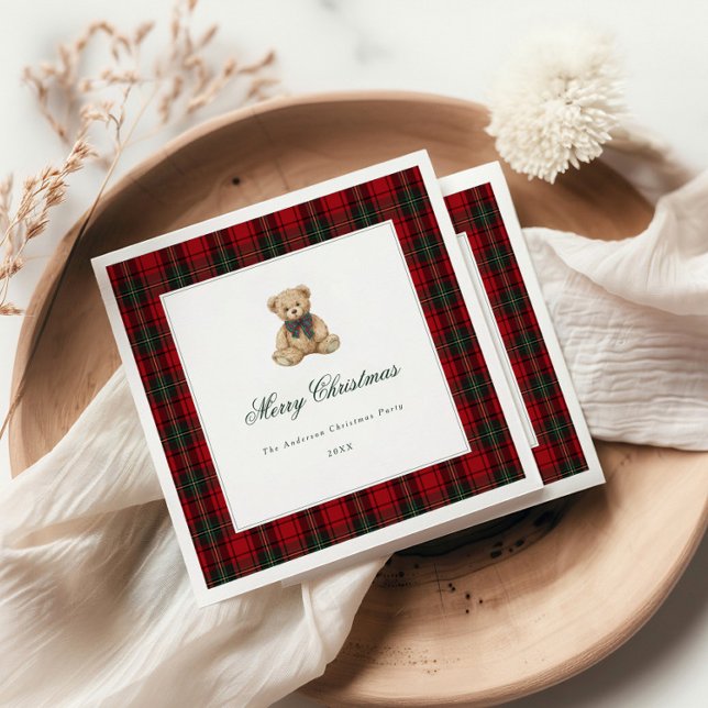 Red Plaid Teddy Bear Christmas Party Serviette (Von Creator hochgeladen)