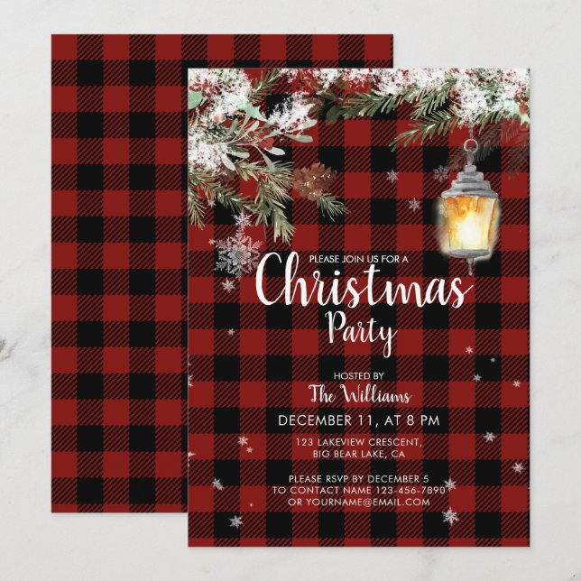Red Plaid Winter Family Christmas Party Invitation (Devant / Derrière)
