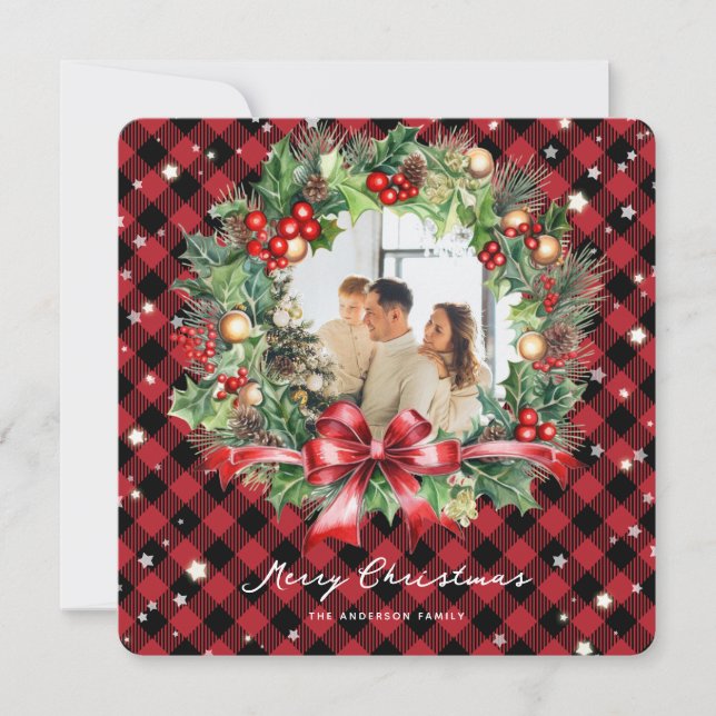 Red Plaid Wreath Stars Photo Joyeuse carte de Noël (Devant)
