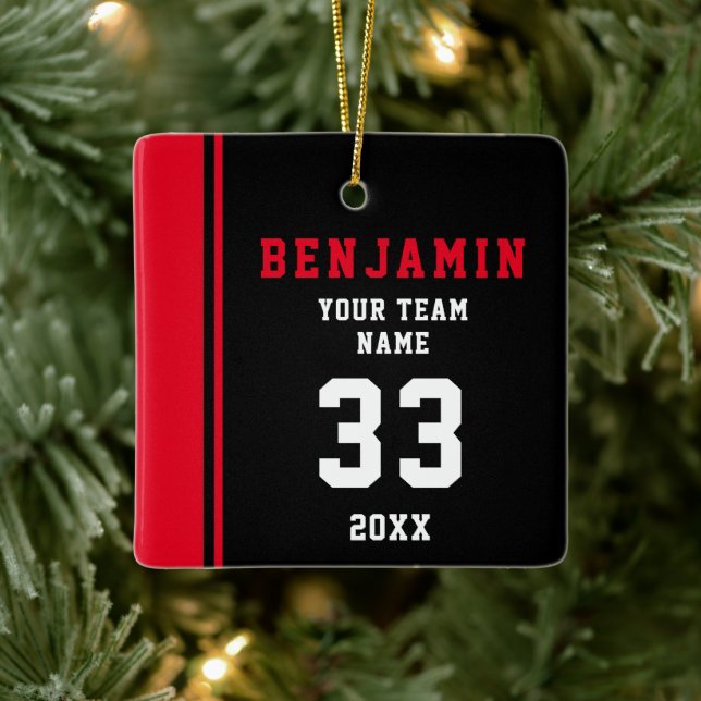 Red Player Name Number Team Sports Kids Keeper Keramikornament (Baum)