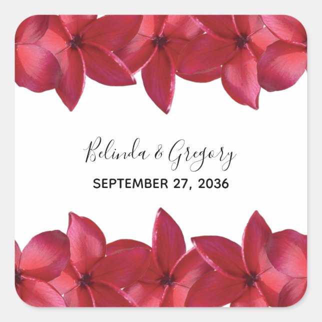 Red Plumeria Frangipani Wedding Quadratischer Aufkleber (Vorderseite)