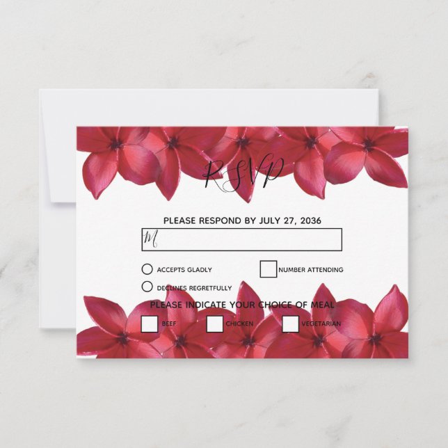 Red Plumeria Frangipani Wedding RSVP Cards (Vorderseite)