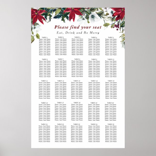 Red Poinsettia 25 Tische Weihnachtssaison CHART Poster (Vorne)