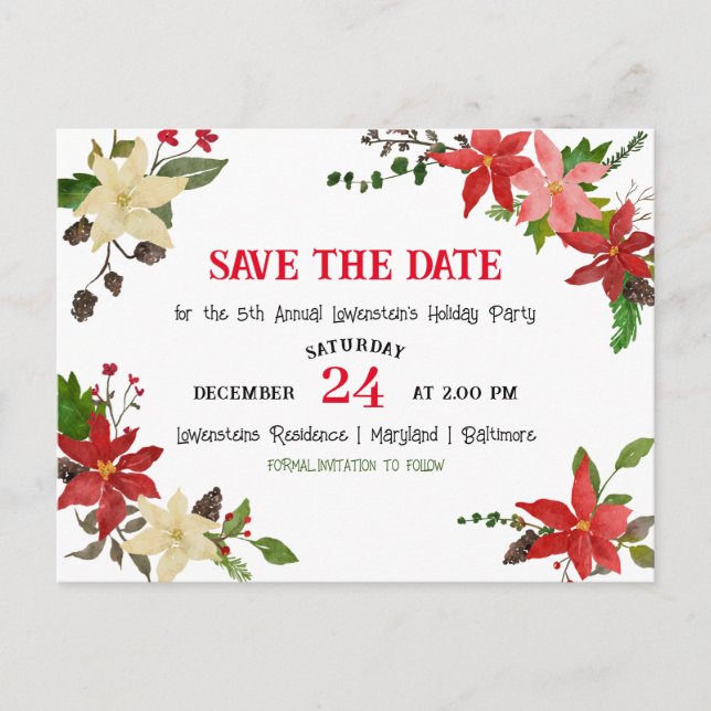 Red Poinsettia Annual Holiday Party Save the Date Ankündigungspostkarte (Vorderseite)