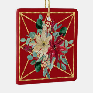 Red Poinsettia Aquarellen und Gold-Geo-Rahmen Keramikornament