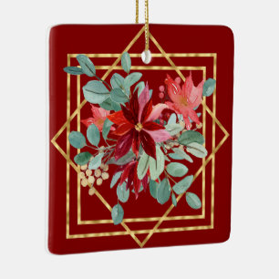 Red Poinsettia Aquarellen und Gold-Geo-Rahmen Keramikornament